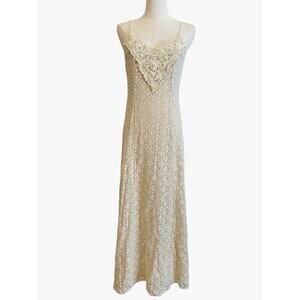 Crochet Lace Babydoll Maxi Dress Size Medium Stretch Peasant Romantic Ethereal
